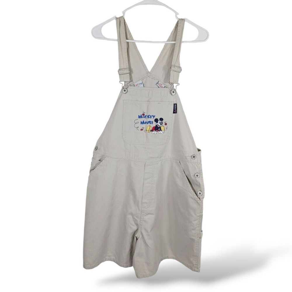 Disney Shortalls Women's 16W Beige Embroidered Mickey Mouse Bib‎ Overalls Shorts